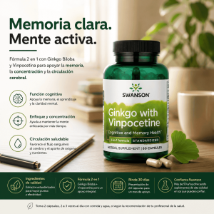 Ginkgo Biloba + Vinpocetina Apoyo memoria 60 cáps Swanson