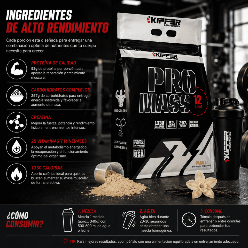 Ganador de Peso Pro Mass 12 lb Kiffer Labs suplemento Mass Gainer con 52 g de proteína y 253 g de carbohidratos