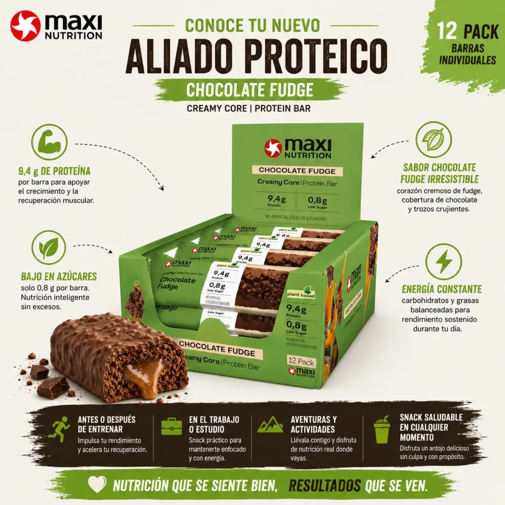 Barra de proteína Maxi Nutrition Chocolate Fudge caja con 12 barras y 9,4 g de proteína por unidad