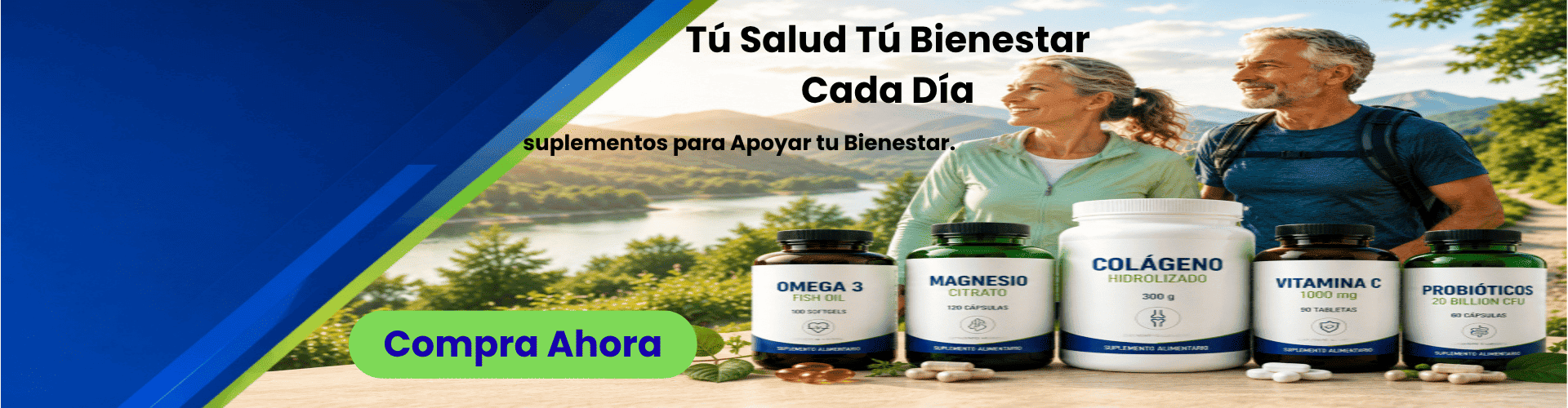 Suplementos para la salud y el bienestar diario con vitaminas, omega 3, magnesio y colágeno.