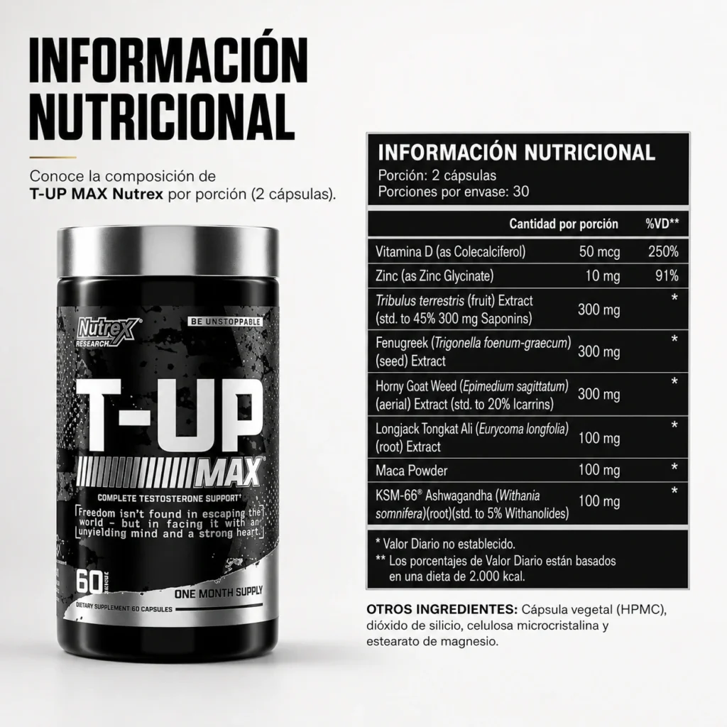 Booster de Testosterona Nutrex T-UP MAX 60 Cápsulas con vitamina D, zinc, Tongkat Ali, Tribulus terrestris, Maca y KSM-66® Ashwagandha
