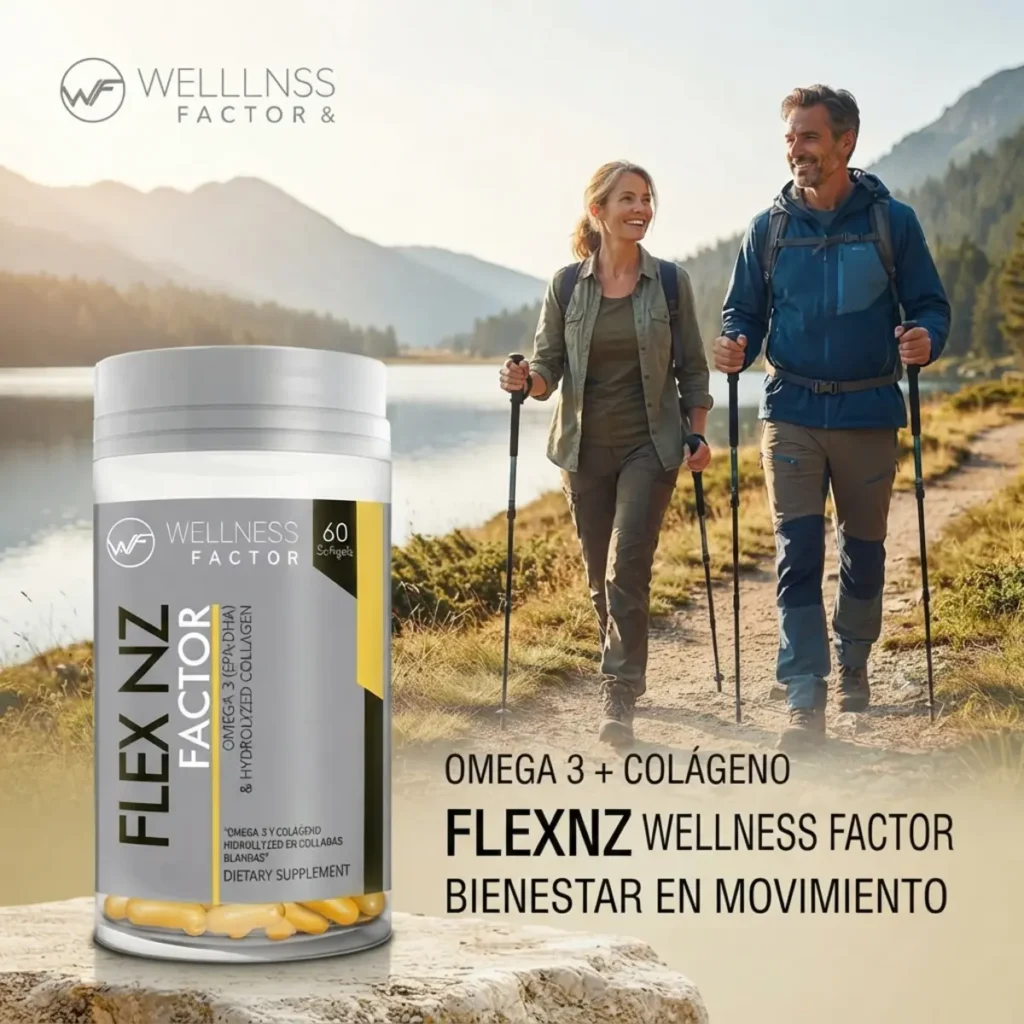 Omega 3 con colágeno FlexNz Wellness Factor 60 cápsulas junto a adultos caminando al aire libre