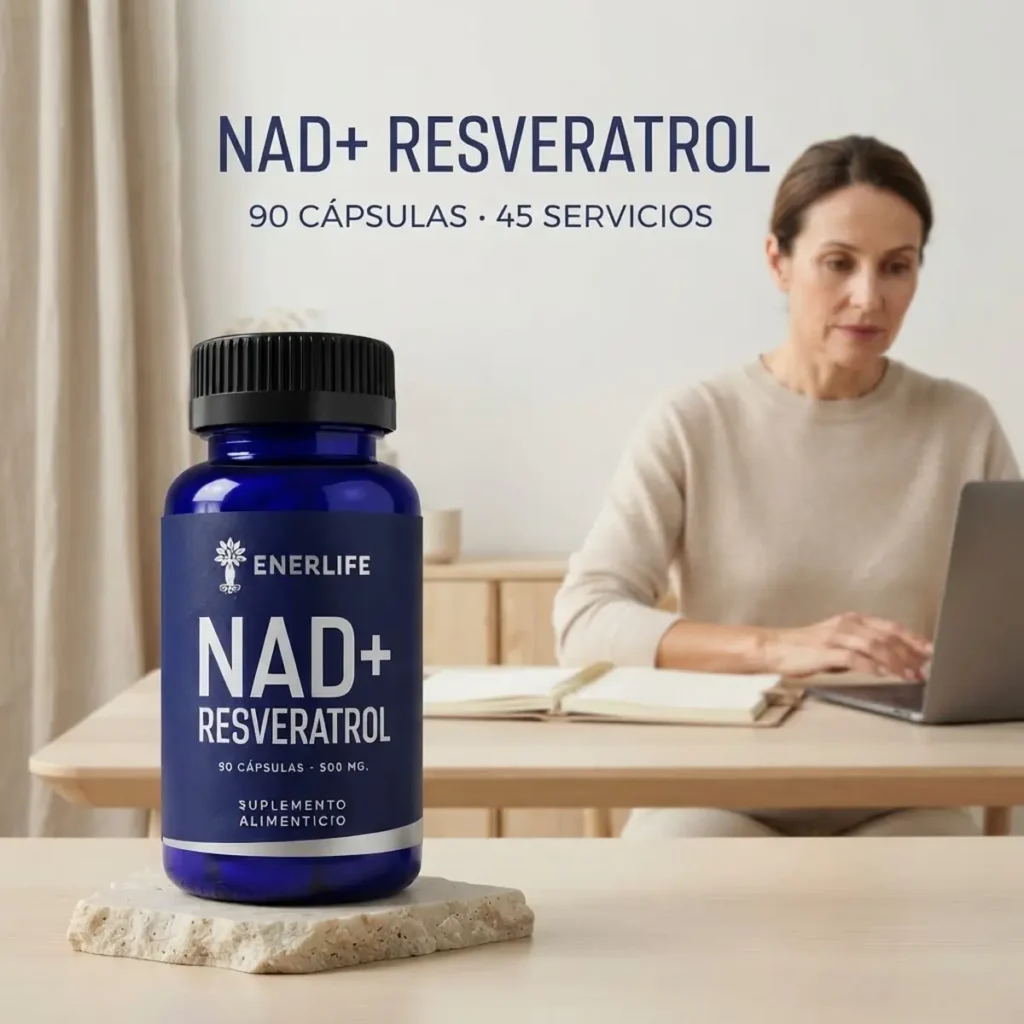NAD Resveratrol Enerlife 500 mg, suplemento antioxidante con 90 cápsulas y 45 servicios