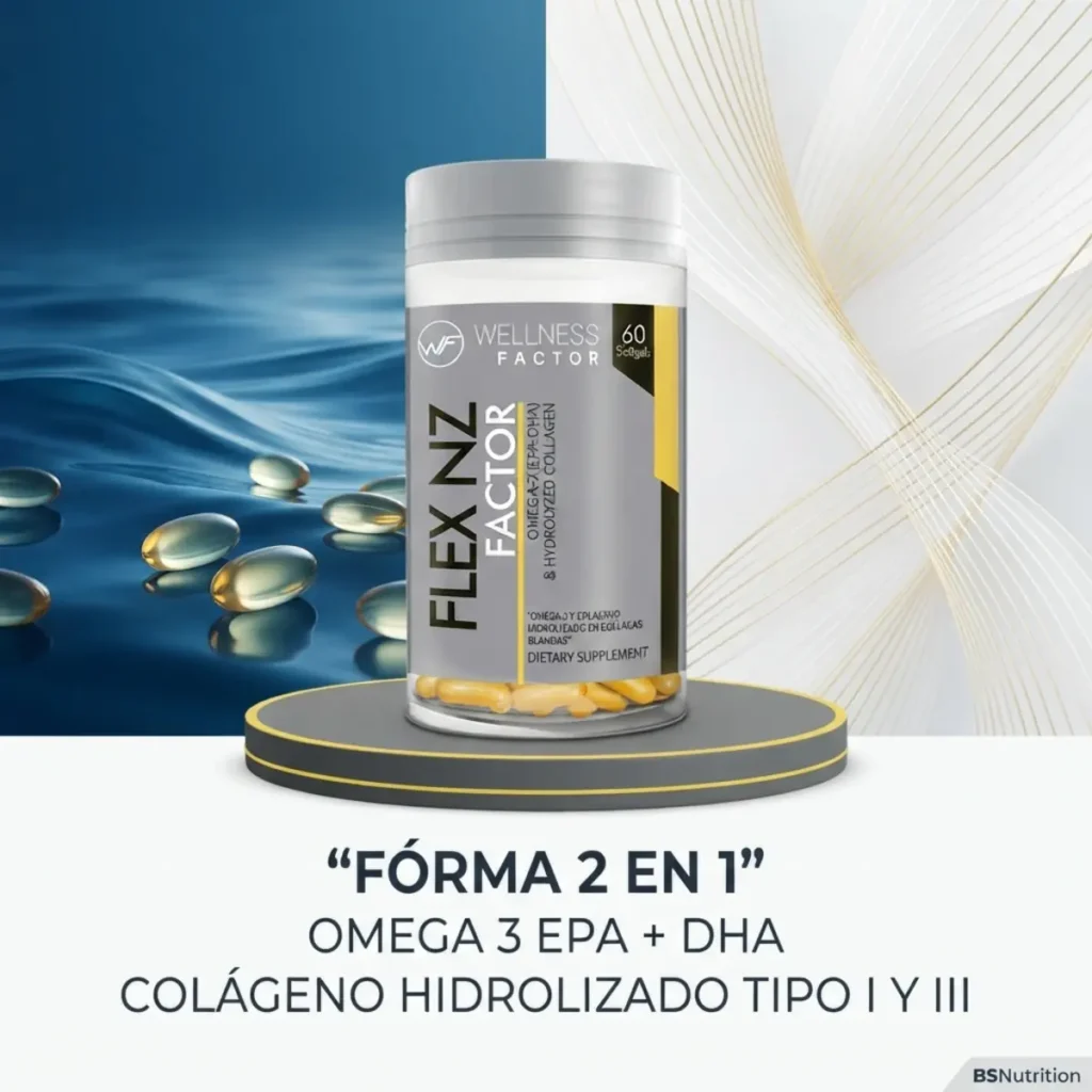 FlexNz Wellness Factor con omega 3 EPA DHA y colágeno hidrolizado tipo I y III