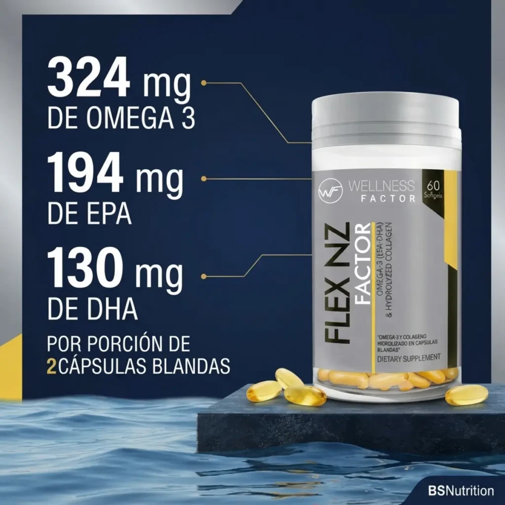 FlexNz con 324 mg de omega 3, 194 mg de EPA y 130 mg de DHA por porción