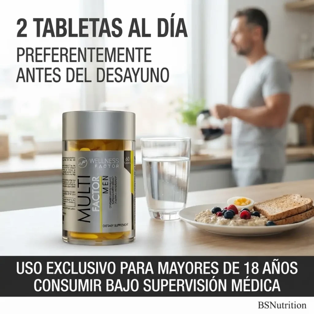 Modo de uso de Multi Factor Men: 2 tabletas al día antes del desayuno