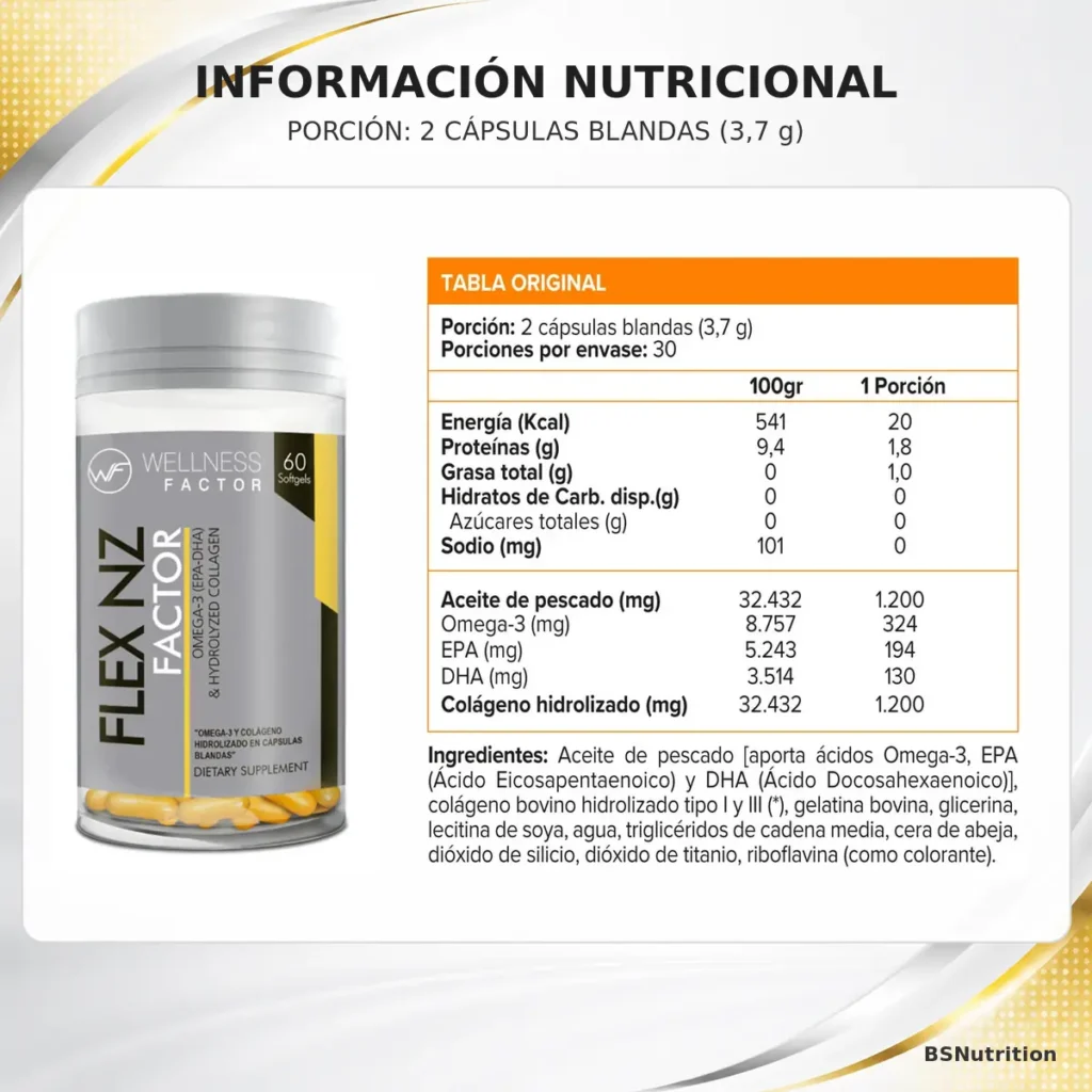 FlexNz Wellness Factor junto a su tabla nutricional original con omega 3, EPA, DHA y colágeno hidrolizado