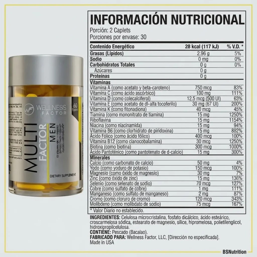 Tabla nutricional de Multi Factor Men Wellness Factor 60 tabletas