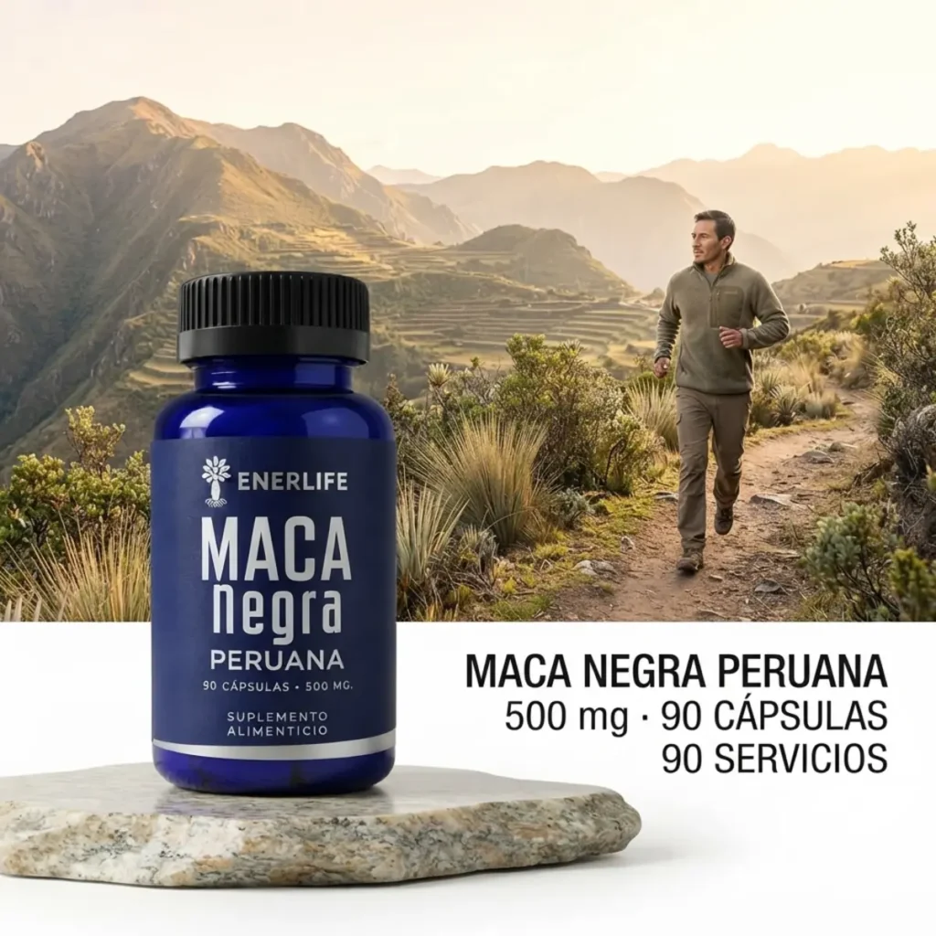 Maca Negra Peruana Enerlife 500 mg, frasco de 90 cápsulas y 90 servicios