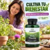 Cardo Mariano 500 mg Swanson Full Spectrum, frasco de 100 cápsulas veganas junto a una mujer cuidando plantas.