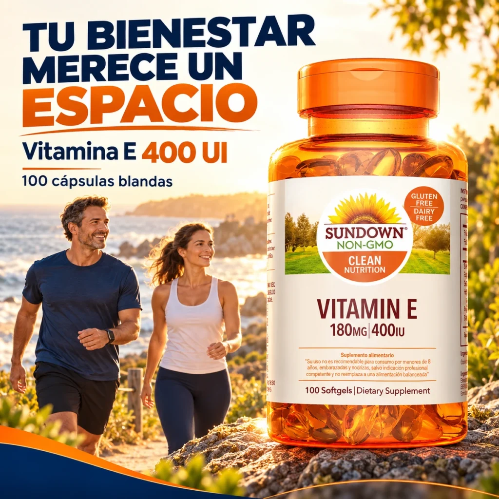 Vitamina E 400 UI Sundown, frasco de 100 cápsulas blandas con una pareja caminando al aire libre.