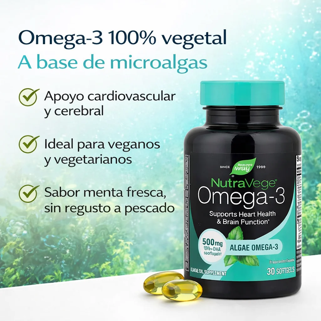 NutraVege Omega-3 de algas Nature’s Way, frasco de 30 cápsulas blandas sabor menta con 500 mg de EPA y DHA por cápsula.