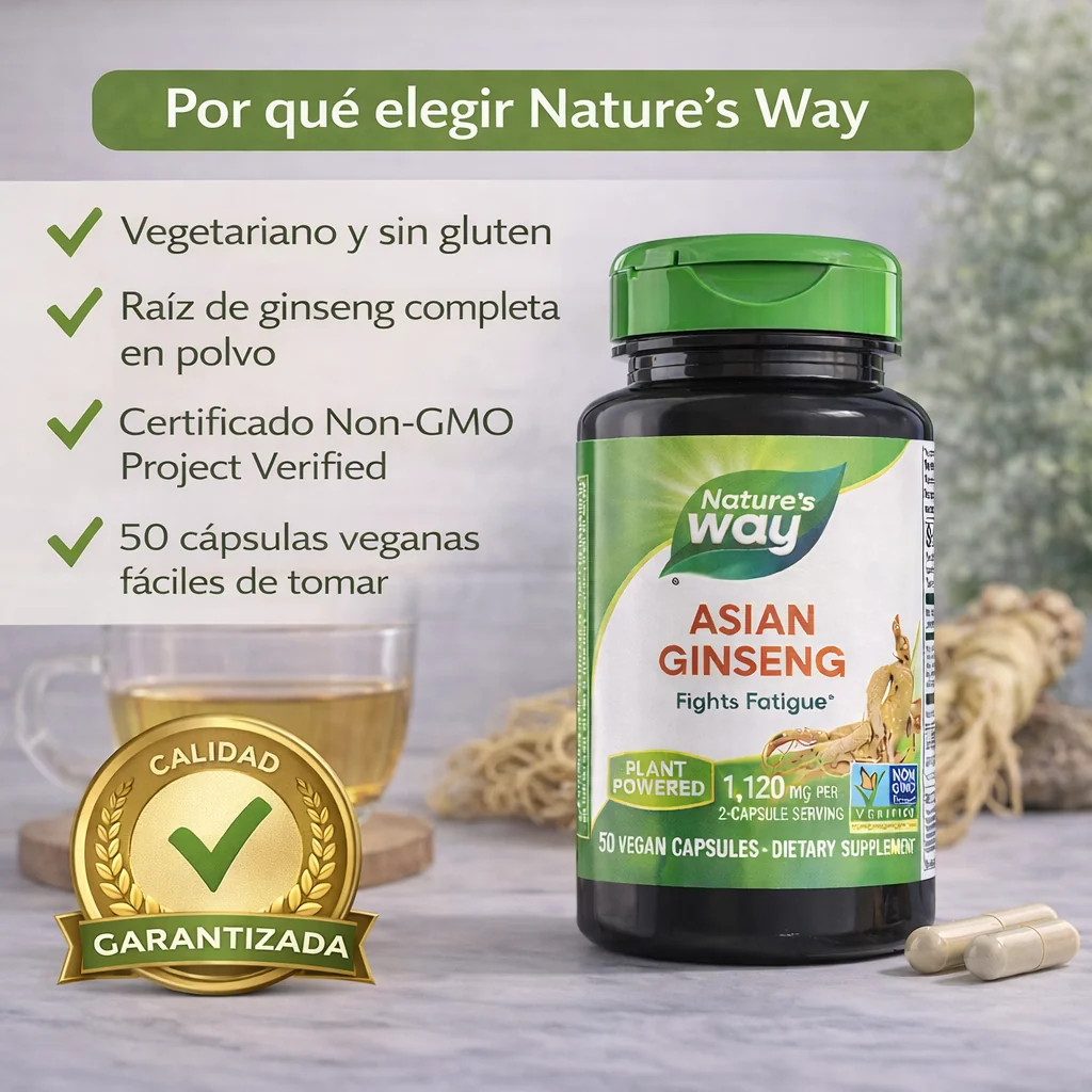 Ginseng Asiático Nature’s Way, frasco de 50 cápsulas veganas con 1.120 mg por porción de dos cápsulas.