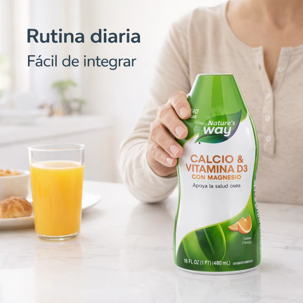 Calcio Líquido Nature’s Way con vitamina D3 y magnesio, envase de 480 ml.