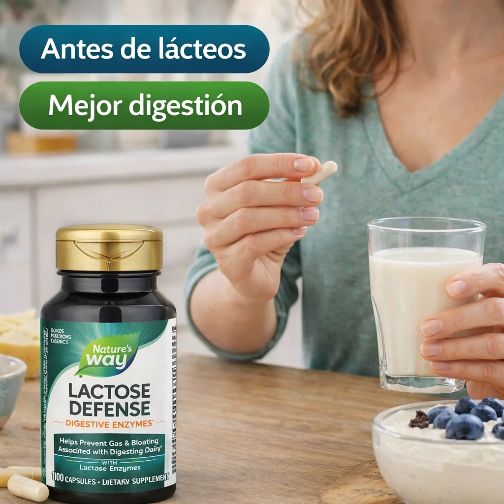 Lactose Defense Nature’s Way, frasco de 100 cápsulas con enzima lactasa para la digestión de la lactosa.