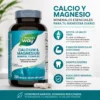 Calcio y Magnesio Nature’s Way, frasco de 250 cápsulas con 500 mg de calcio y 250 mg de magnesio por porción de tres cápsulas.