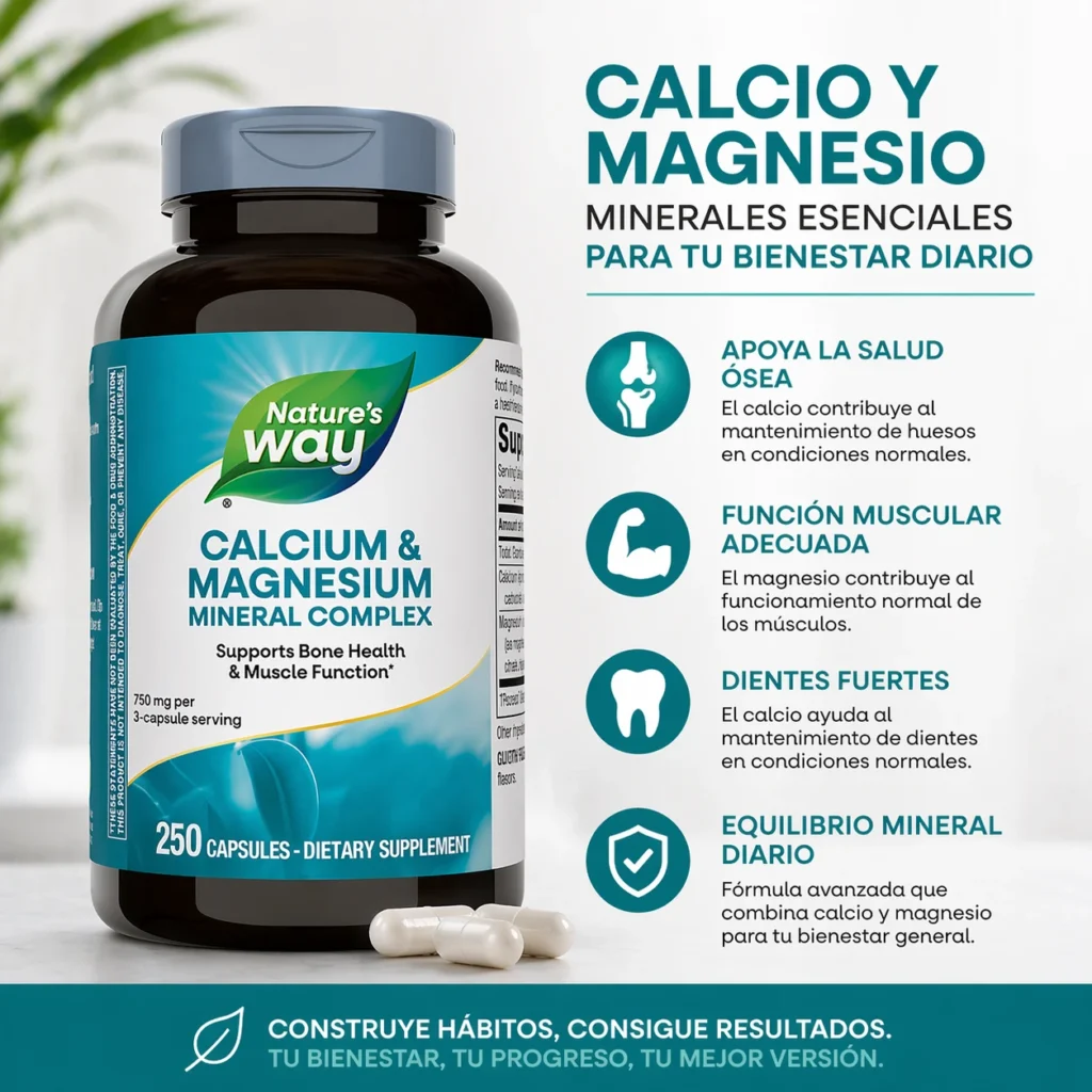 Calcio y Magnesio Nature’s Way, frasco de 250 cápsulas con 500 mg de calcio y 250 mg de magnesio por porción de tres cápsulas.