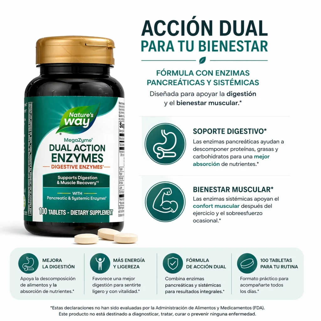 Enzimas Digestivas Dual Action Nature’s Way MegaZyme, frasco de 100 tabletas con enzimas pancreáticas, papaína y bromelina.