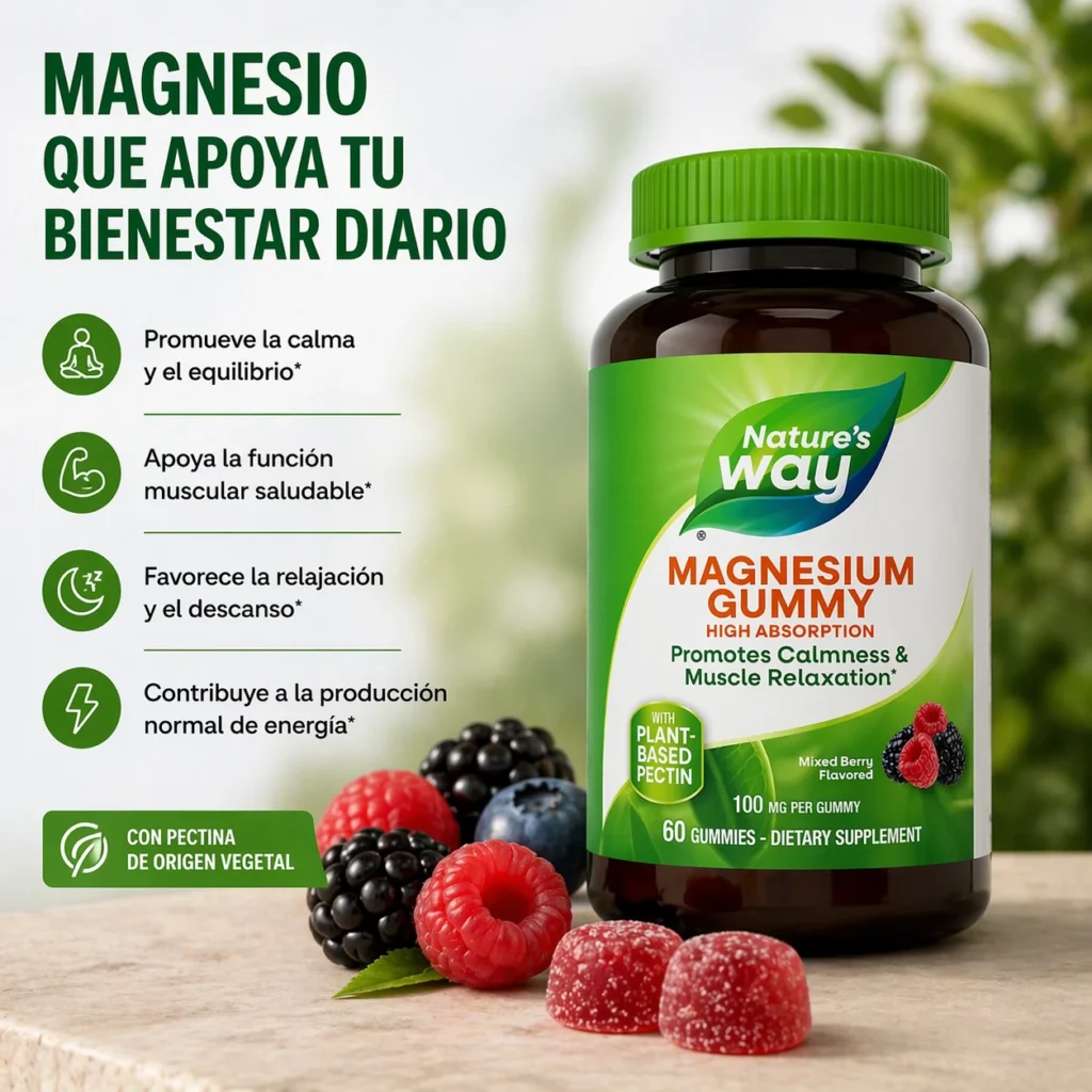 Magnesio en Gomitas Nature’s Way, frasco de 60 gomitas veganas sabor frutos rojos con 100 mg de magnesio por unidad.
