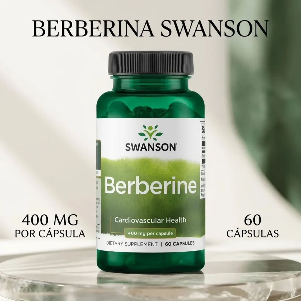 Berberina Swanson 400 mg 60 cápsulas, envase original del suplemento con berberina HCl sobre fondo comercial.