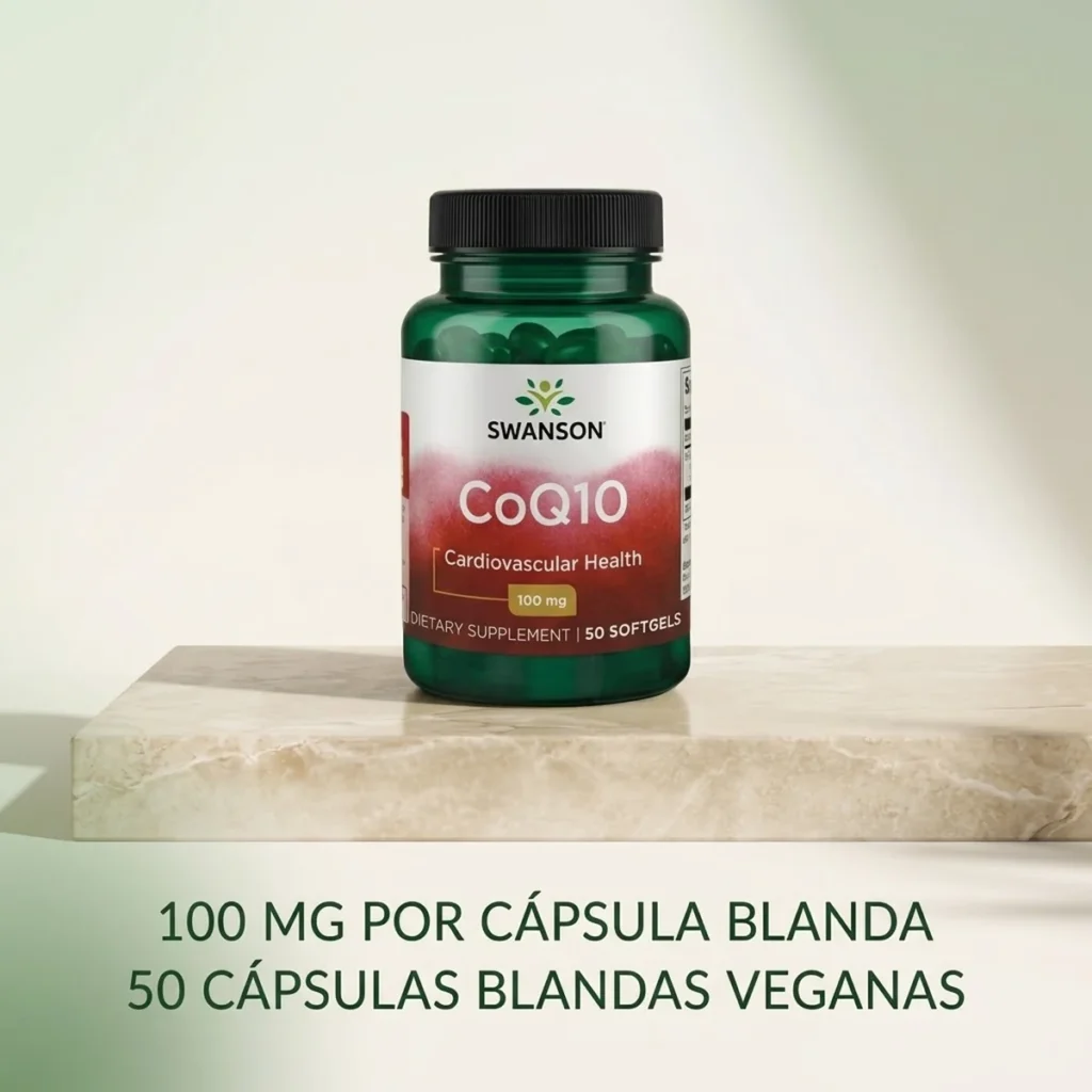 Coenzima Q10 Swanson 100 mg 50 cápsulas blandas veganas, fotografía del envase original.