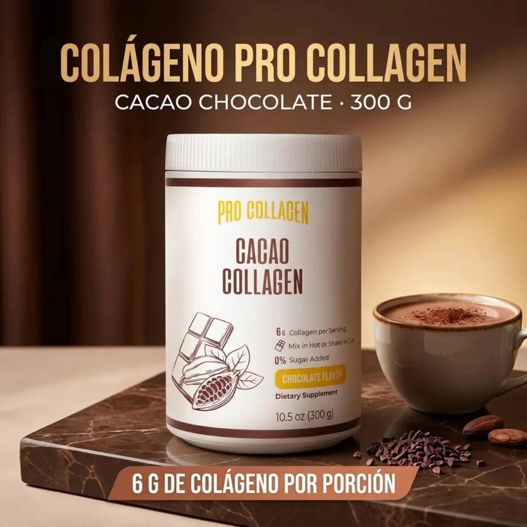 Colágeno Pro Collagen Cacao Chocolate 300 g, suplemento en polvo con 6 g de colágeno hidrolizado bovino por porción, cacao natural y stevia.
