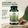 Cúrcuma con Pimienta Negra Swanson 605 mg 60 cápsulas veganas, envase con rizoma de cúrcuma y granos de pimienta negra.