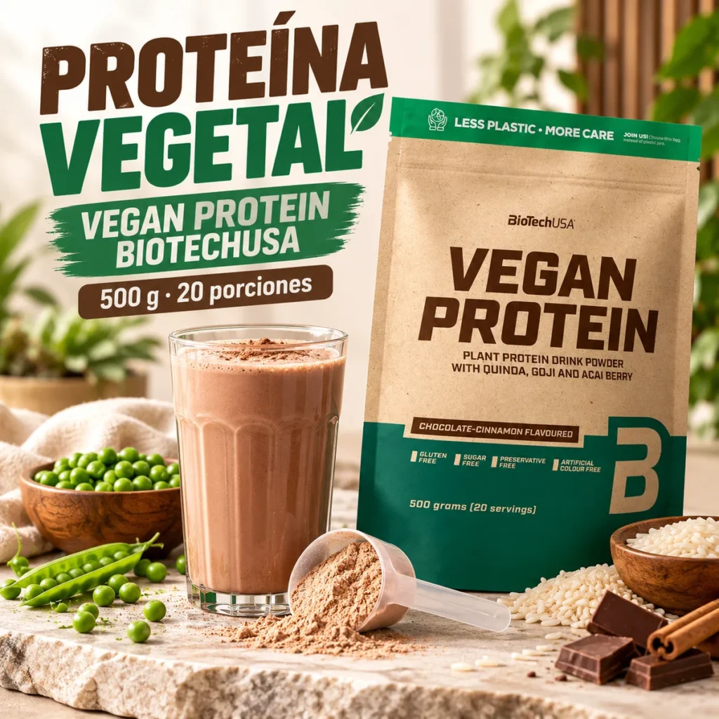 Proteína vegana BioTechUSA Vegan Protein 500 g con proteína de guisante y arroz, presentación de 20 porciones.