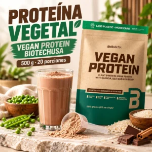 Proteína vegana BioTechUSA Vegan Protein 500 g con proteína de guisante y arroz, presentación de 20 porciones.