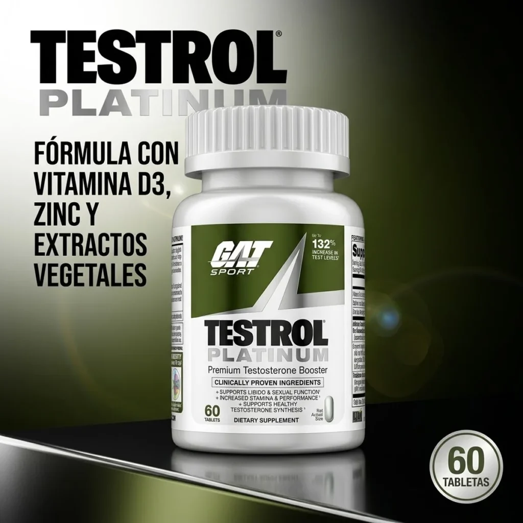 Testrol Platinum GAT Sport 60 tabletas, suplemento masculino con vitamina D3, zinc y extractos vegetales, frasco original blanco y verde.