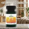 Vitamina B12 Swanson Metilcobalamina 5000 mcg, suplemento alimenticio de alta concentración en presentación de 60 tabletas.