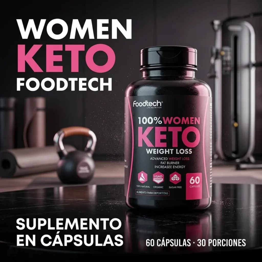 Envase original de Women Keto Foodtech 60 cápsulas, suplemento alimenticio Foodtech con cafeína, acaí, Phaseolus, aloe vera y coenzima Q10.