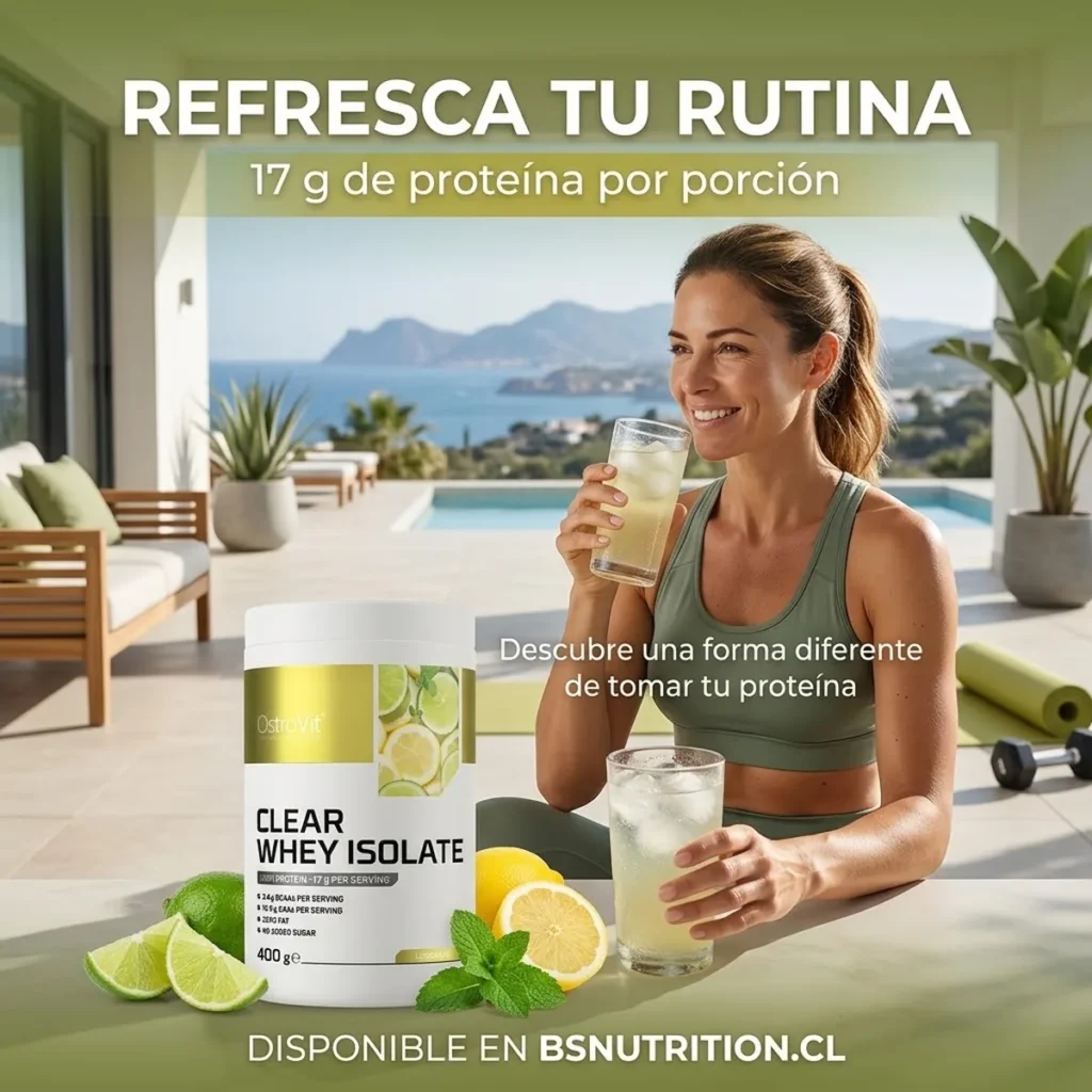 Proteína Clear Whey Isolate OstroVit 400 g, aislado de suero de leche sabor limonada con 17 g de proteína por porción.