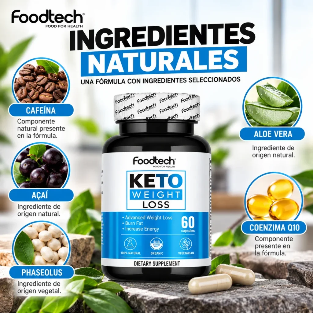 Keto Weight Loss Foodtech 60 cápsulas, suplemento alimenticio para control de peso con cafeína, acaí, Phaseolus, aloe vera y coenzima Q10, envase original.