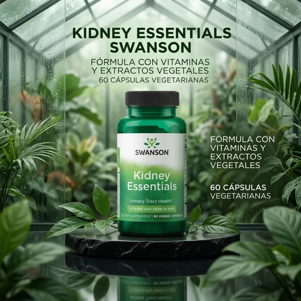 Kidney Essentials Swanson 60 cápsulas vegetarianas, suplemento con vitaminas y extractos vegetales en escenario botánico premium.