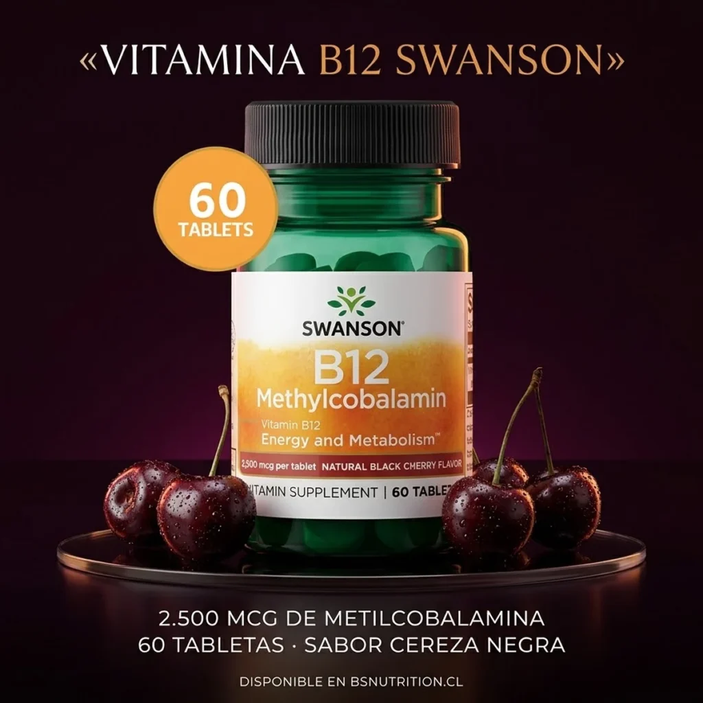 Vitamina B12 Swanson 2500 mcg metilcobalamina 60 tabletas sabor cereza negra, fotografía comercial del envase.